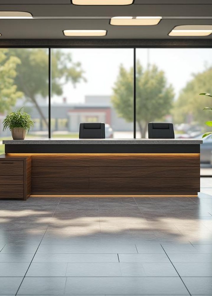 Modern office reception area with sleek wooden desk, large windows, potted plants, and shelving unit.